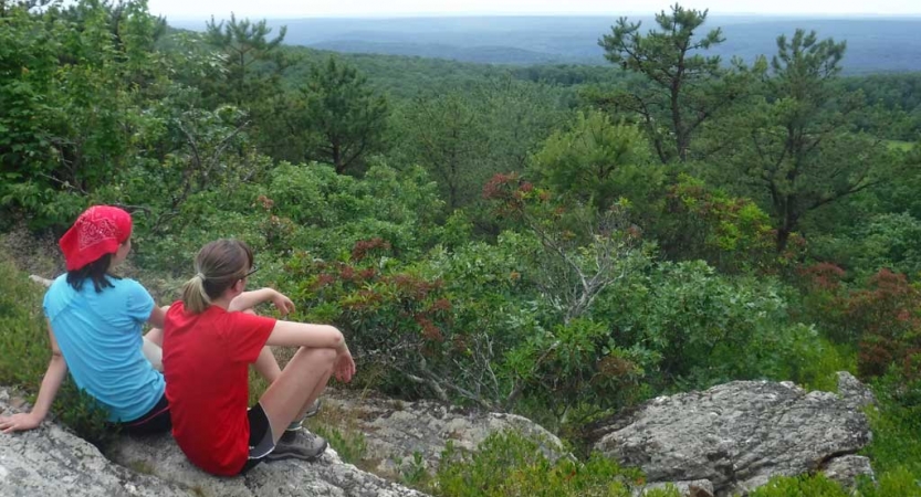 two people sit on a rocky overlook, facing the vast forest landscape below. 